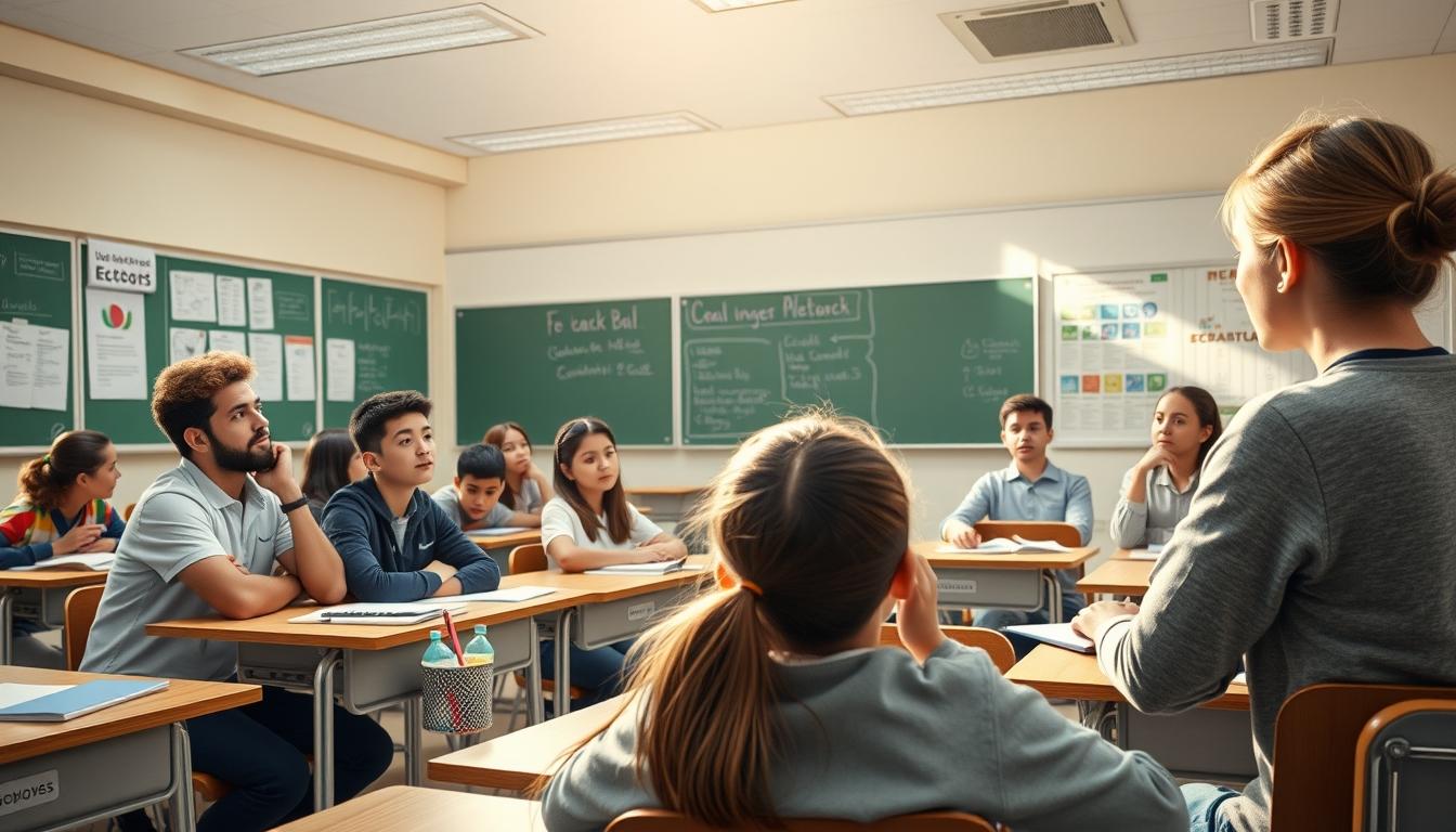 Students studying together in modern classroom